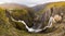 Panoramic view of Voringsfossen waterfall, Mabodalen valley Norway. National tourist Hardangervidda route, Eidfjord,
