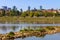 Panoramic view of Warsaw, Poland, city center and Old Town quarter with Wybrzerze Gdanskie embankment and wild banks of Vistula