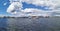 Panoramic view of the warships, frigates and sailboats built in the Neva water area for the Day of the Navy in St. Petersburg,