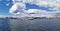 Panoramic view of the warships, frigates and sailboats built in the Neva water area for the Day of the Navy in St. Petersburg,