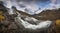 Panoramic view on waterfalls on Fluo river, Innerdalen valley below. Trollheimen national park in Norway