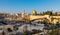 Panoramic view of Western Wall Plaza square beside Holy Temple Mount with Dome of the Rock shrine and Bab al-Silsila minaret in