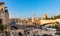 Panoramic view of Western Wall Plaza square beside Holy Temple Mount with Dome of the Rock shrine and Bab al-Silsila minaret in