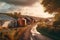 panoramic view of whisky distillery in rural setting