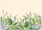 Panoramic view of wild meadow flowers and grass on yellow background.