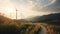 Panoramic view of wind farm or wind park, with high wind turbines for generation electricity