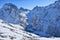 Panoramic view of the winter Caucasus mountains in Dombay