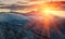 Panoramic view of winter mountains at sunrise. Landscape with foggy hills and trees covered with rime.