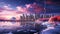 Panoramic view of a winter Toronto city skyline, city lights reflecting off the icy surfaces and creating a magical