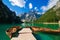 Panoramic view of wonderful Braies lake Pragser wildsee in Italy