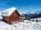 Panoramic view with wood house in winter in resort Ladis, Fiss, Serfaus in ski resort in Tyrol