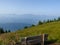 A panoramic view on a wooden bench on an Alpine meadow in high mountains during an early morning. There is a fog