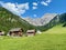 Panoramic view of wooden huts in Nenzinger Himmel. Vorarlberg, Austria.