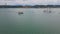 Panoramic view yachts floating at river in Lisboa. Drone scenic summer cityscape