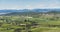 Panoramic view yellow flowers and green hill on background nature field. Summer landscape perspective blurred backdrop