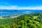 Panoramic view of Zurich lake and Alps from the top of Uetliberg mountain, from the observation platform on tower on Mt. Uetliberg