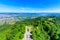 Panoramic view of Zurich lake and Alps from the top of Uetliberg mountain, from the observation platform on tower on Mt. Uetliberg