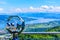 Panoramic view of Zurich lake and Alps from the top of Uetliberg mountain, from the observation platform on tower on Mt. Uetliberg