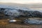 Panoramic views from high places in the morning, mountains and farms in the rural area of Iceland