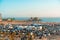 Panoramic views of Santa Monica and the beach at sunset, and fully filled parking on the weekend