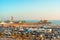 Panoramic views of Santa Monica and the beach at sunset, and fully filled parking on the weekend