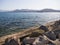 Panoramic views of sea, the mountains and yachts on Liani Ammos beach in Halkida, Greece on a Sunny summer day the island of Evia