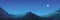 Panoramic views vector illustration of beautiful dark blue mountain landscape with sky. Night with moon and stars in mountains