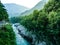Panoramic vista over Soca river canyon in Slovenia Triglav park
