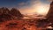 Panoramic vista of the Sahara Desert, with a sunset behind a rugged rocky outcrop.