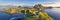 Panoramic warm view at top of `Padar Island` in sunrise late morning from Komodo Island, Komodo National Park, Labuan Bajo, Flor