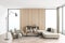 Panoramic white living room with wooden wall