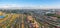 Panoramic wide view rail sorting freight station with various railway cars, with many rail tracks railroad. Aerial view heavy