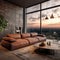 Panoramic window and terra cotta leather sofa in apartment. Interior design of modern living room