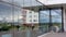 Panoramic windows of shopping centre reflect people and sky