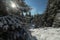 Panoramic winter background with sunlight and picturesque snow f