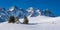 Panoramic winter view on the Ecrins National Park glaciers La Chappelle des FusillÃ©s. Cold du Lautaret, Hautes-Alpes, France