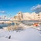 Panoramic winter view on  Hamnoy village  and bridge to Olenilsoya island