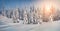 Panoramic winter view of mountain valley. Exciting sunrise in Carpathian mountains, Ukraine, Europe