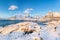 Panoramic winter view on  Reine and Sakrisoya villages  and bridge to Olenilsoya island