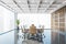 Panoramic wooden and gray conference room