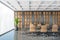 Panoramic wooden and gray meeting room