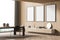 Panoramic wooden living space with three canvases. Corner view