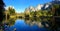 Panoramic of Yosemite Valley with river reflections, California, USA