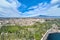 Panoramica aerea dall\\\'alto sulla Timpa di Acireale e Santa Maria la Scala con vulcano Etna