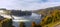 Panoramoa image of the Rhinefalls in the early morning with autumn fog and mist.