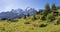 A panorma of Bernese Alps with the Jungfrau, Monch and Eiger peaks over the alpine meadows