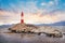 Panormaic view of the Les Eclaireurs Lighthouse, on the Beagle Channel in Ushuaia, Tierra del Fuego, surrounded by a