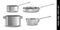 Pans and pots realistic set with frying pan saucepan and bowl