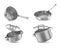 Pans and pots realistic set with frying pan saucepan and bowl
