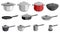 Pans pots and saucepans. Kitchen pan objects, kitchenware tools collection for cooking. Elements for boiling and frying